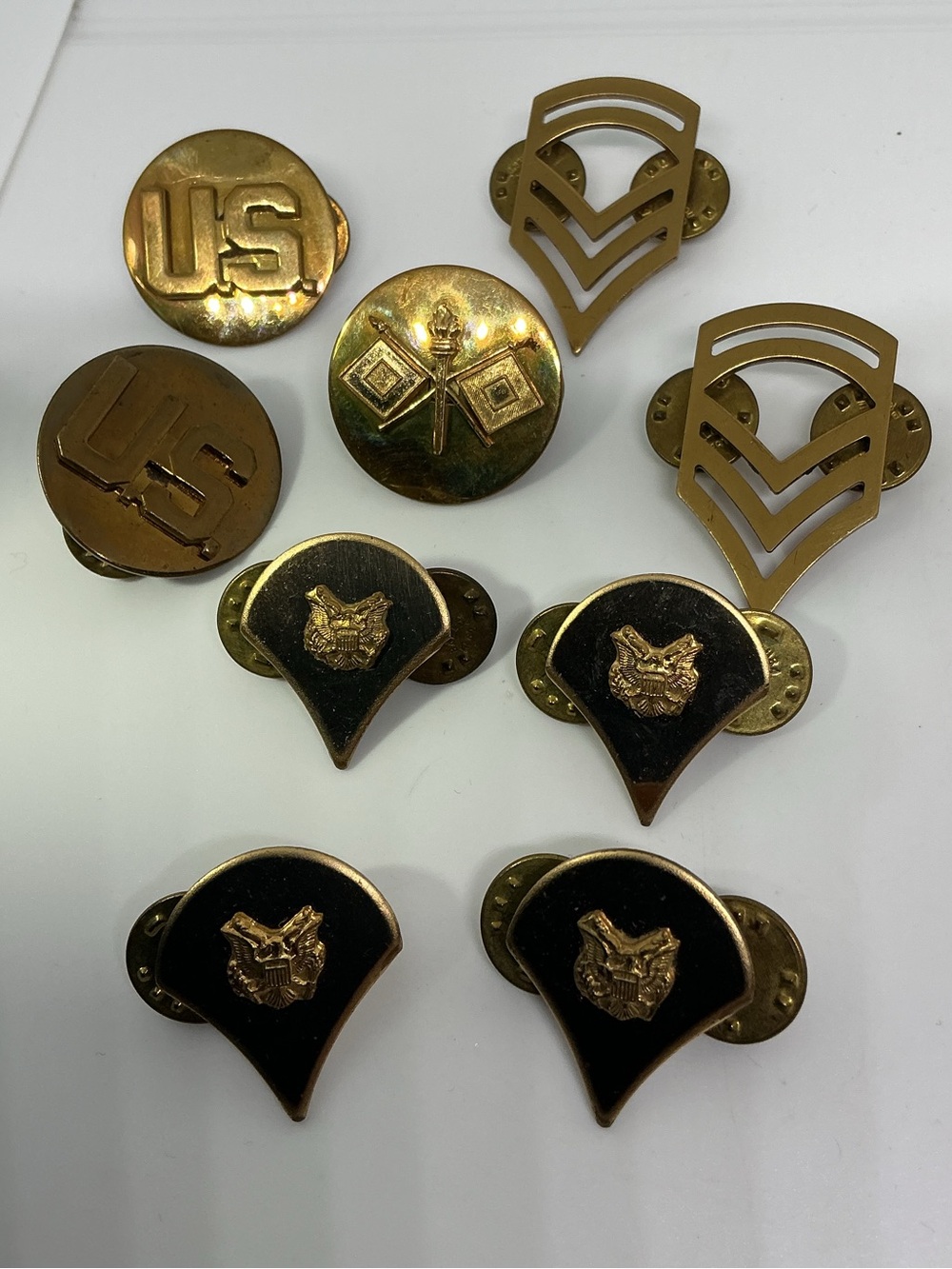 Vintage US Army Enlisted Insignia Pin Lot Sergeant E5 Specialist SP4 Signal Corp